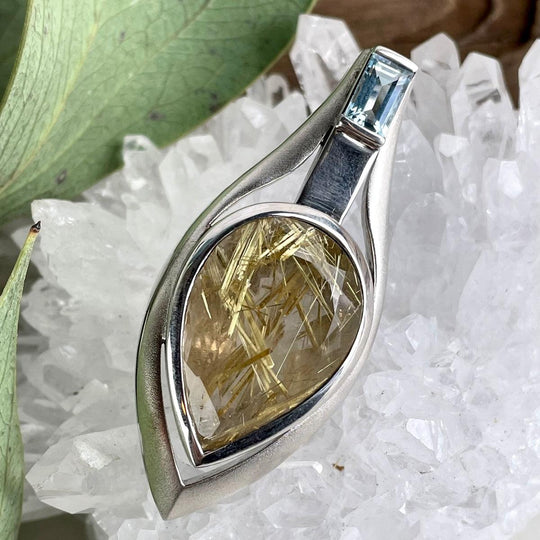 Golden Rutile Quartz & Aquamarine Contemporary Pendant by Janusz Szkutnik