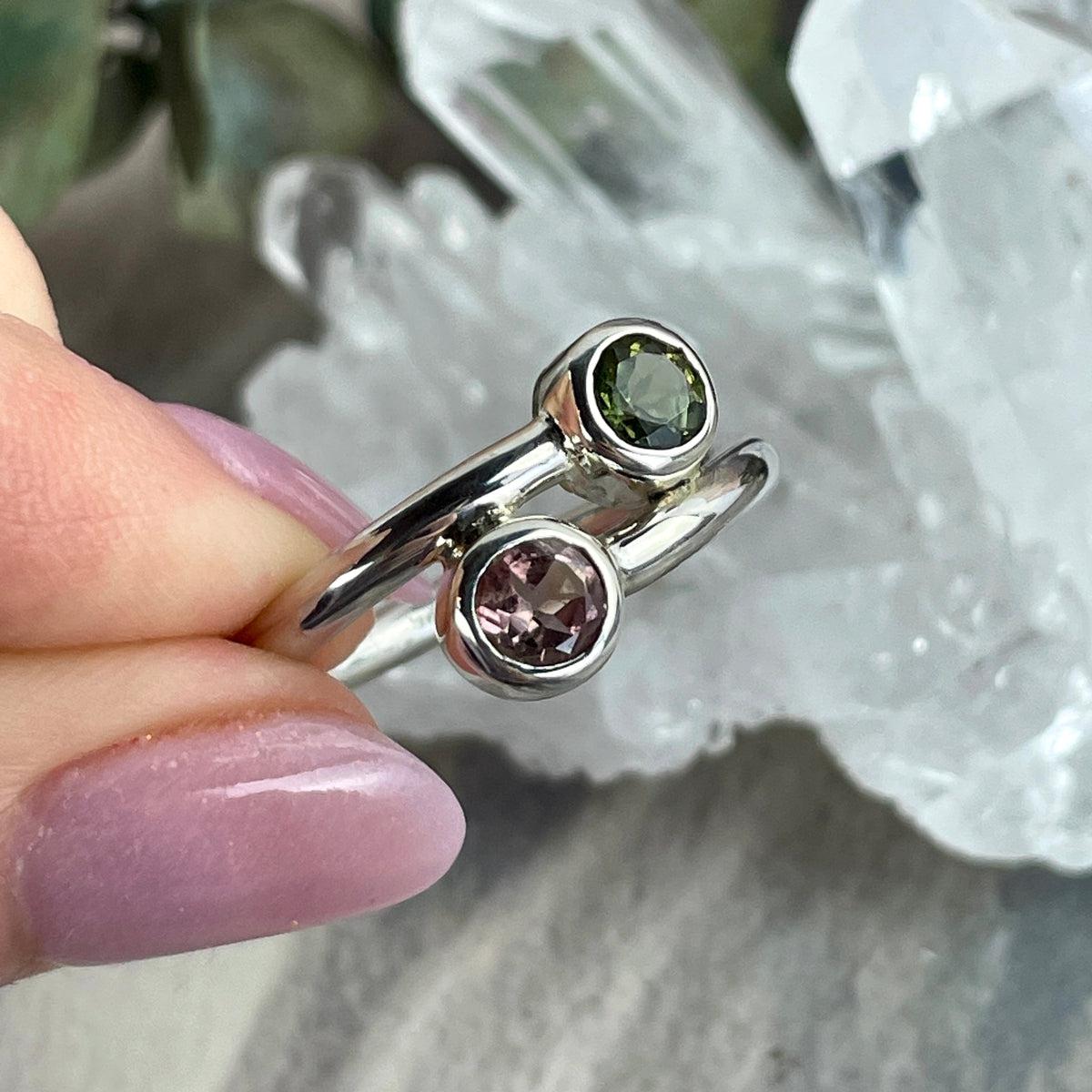 Contemporary Green And Pink Crystal Ring