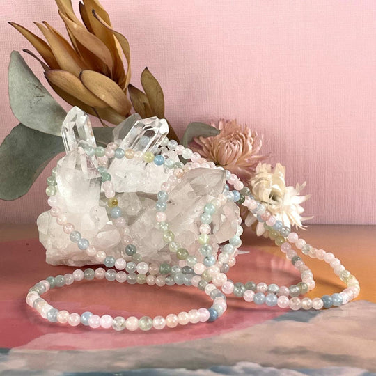 Aquamarine & Morganite (Mixed Beryl) 4mm Round Bead Crystal Bracelet