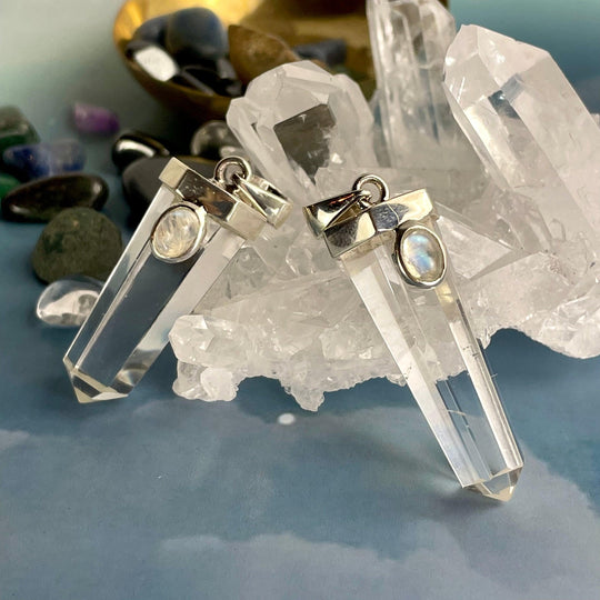 Clear Quartz Point & Rainbow Moonstone Pendant