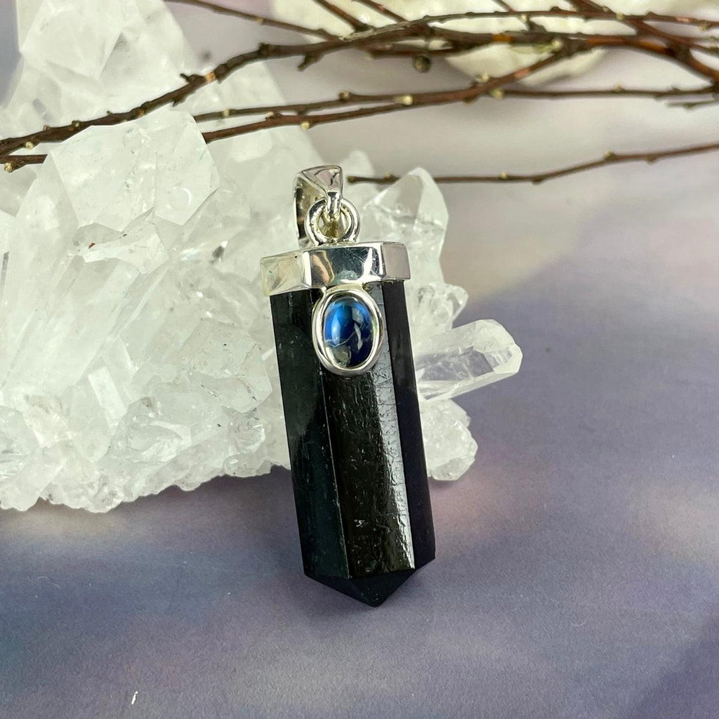Black Tourmaline Point & Rainbow Moonstone Pendant
