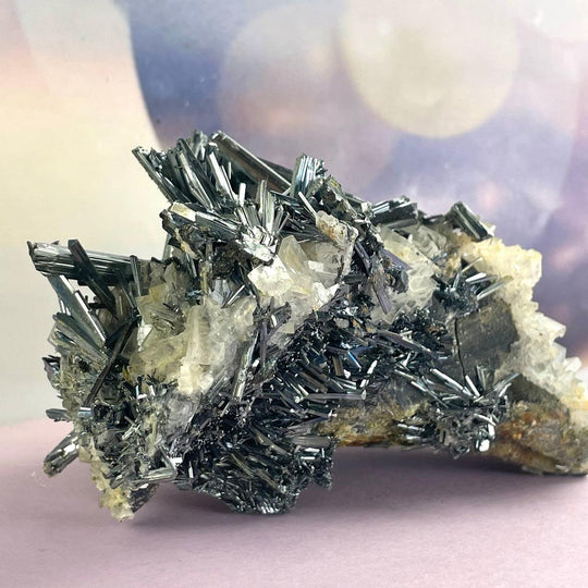 Stibnite & Optical Calcite On Clear Quartz Matrix Raw Crystal