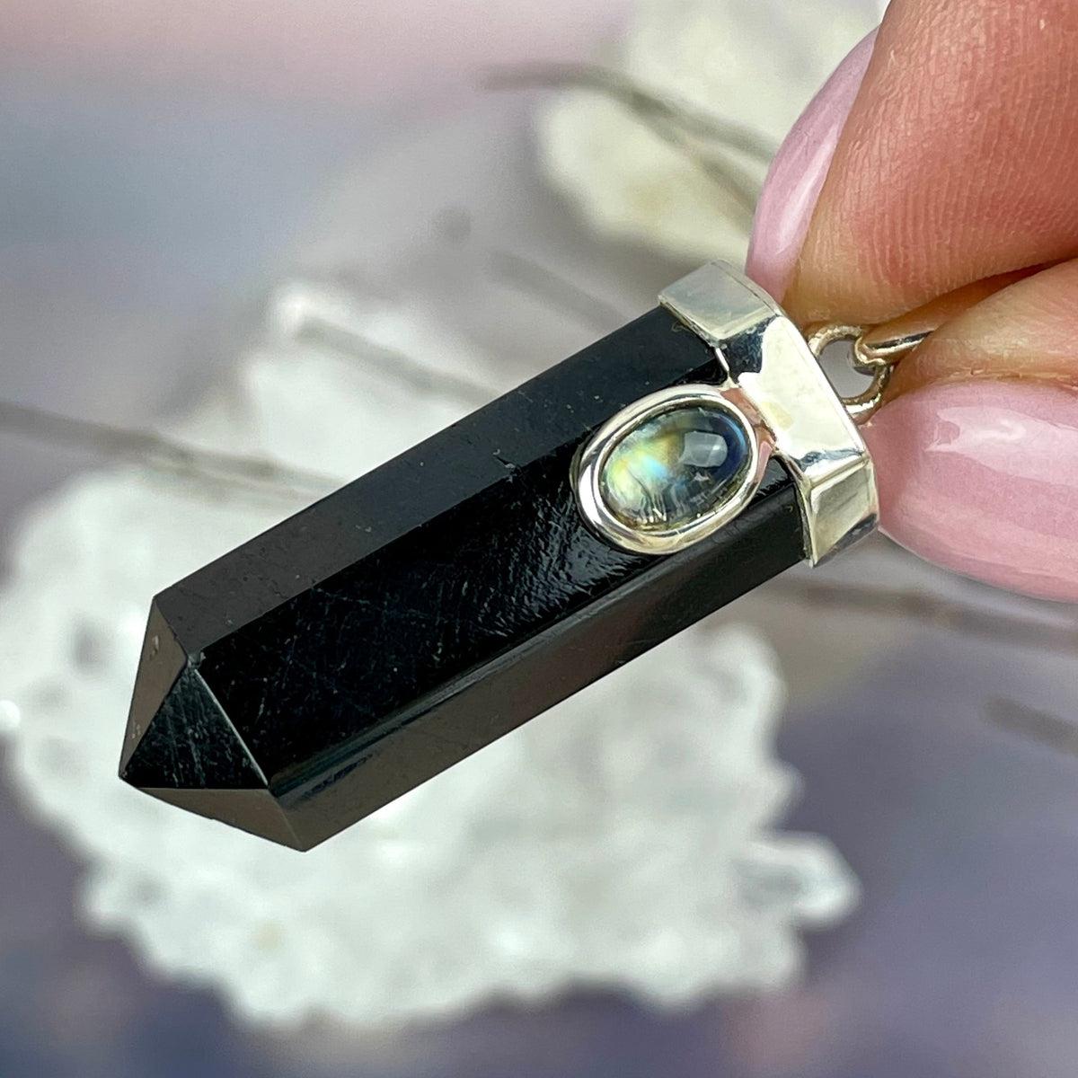 Black Tourmaline Point & Rainbow Moonstone Pendant