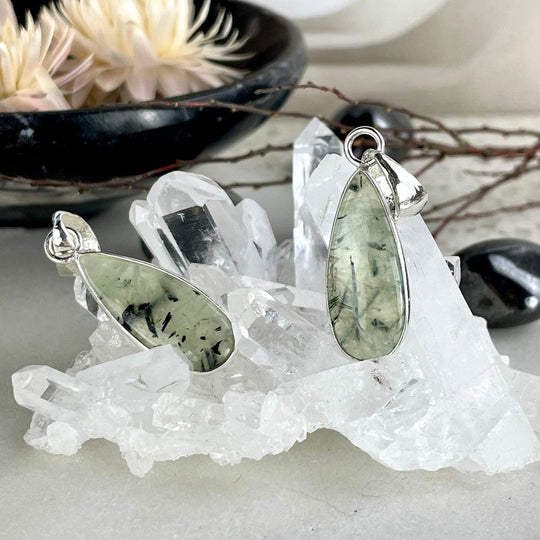Prehnite With Epidote Elongated Teardrop Pendant