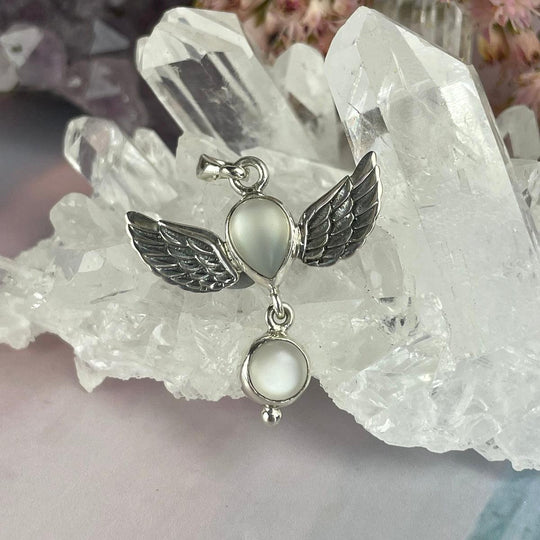 Cat’s Eye Moonstone Winged Double Drop Pendant