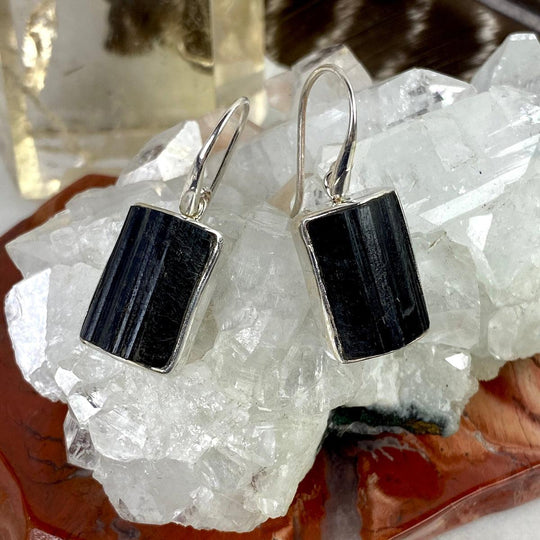Black Tourmaline Raw Rectangle Earrings