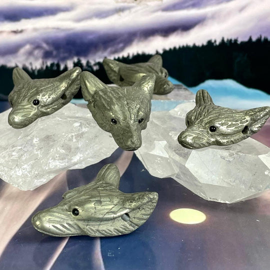 Pyrite Hand Carved Wolf Head