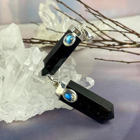 Black Tourmaline Point & Rainbow Moonstone Pendant