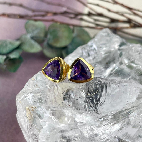 Amethyst Trillion Gold Stud Earrings