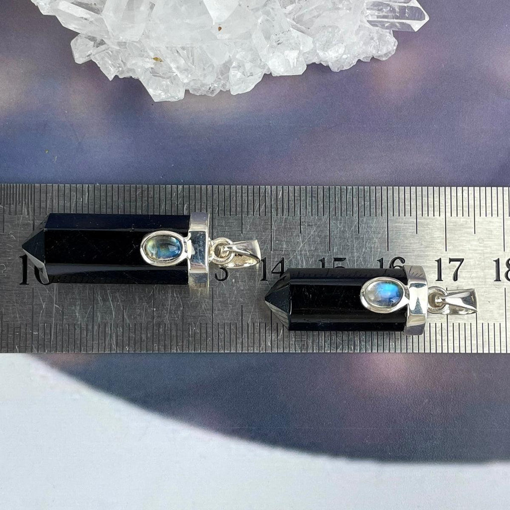 Black Tourmaline Point & Rainbow Moonstone Pendant