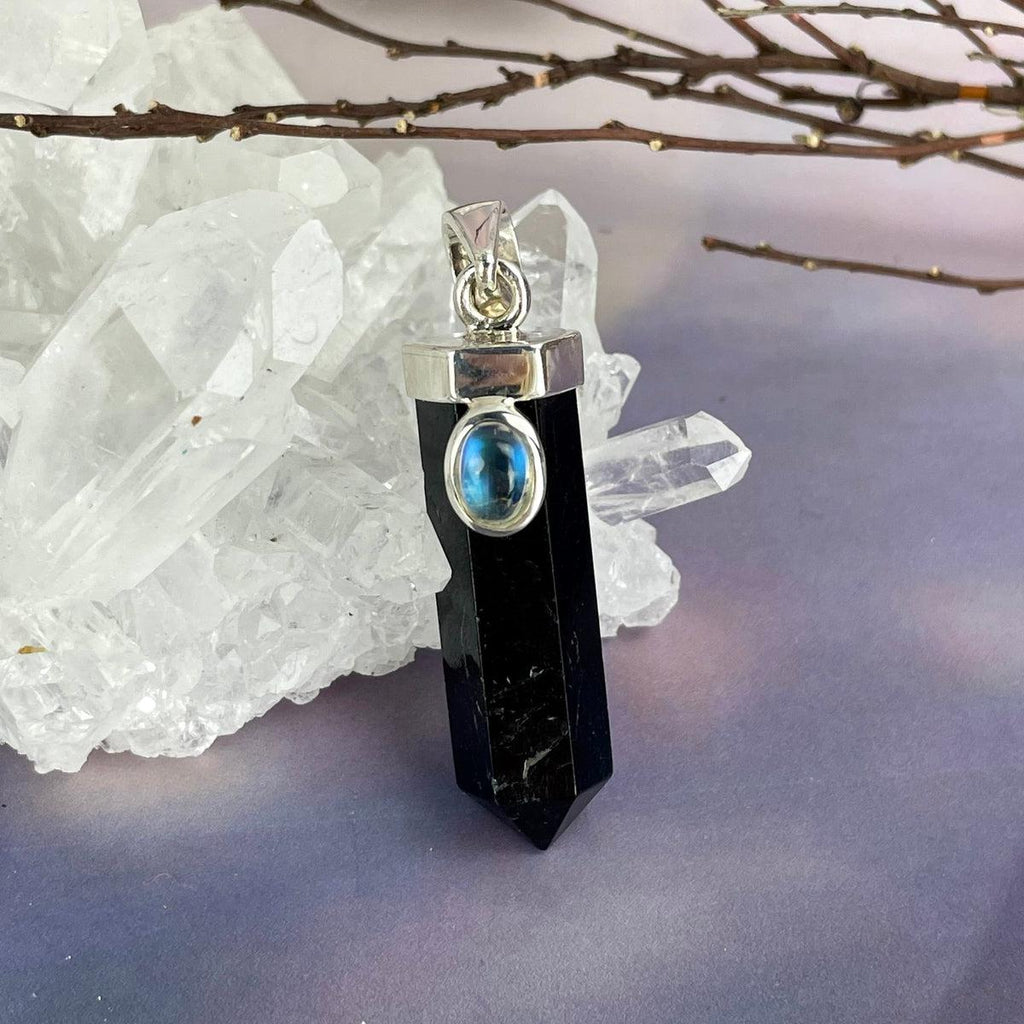 Black Tourmaline Point & Rainbow Moonstone Pendant