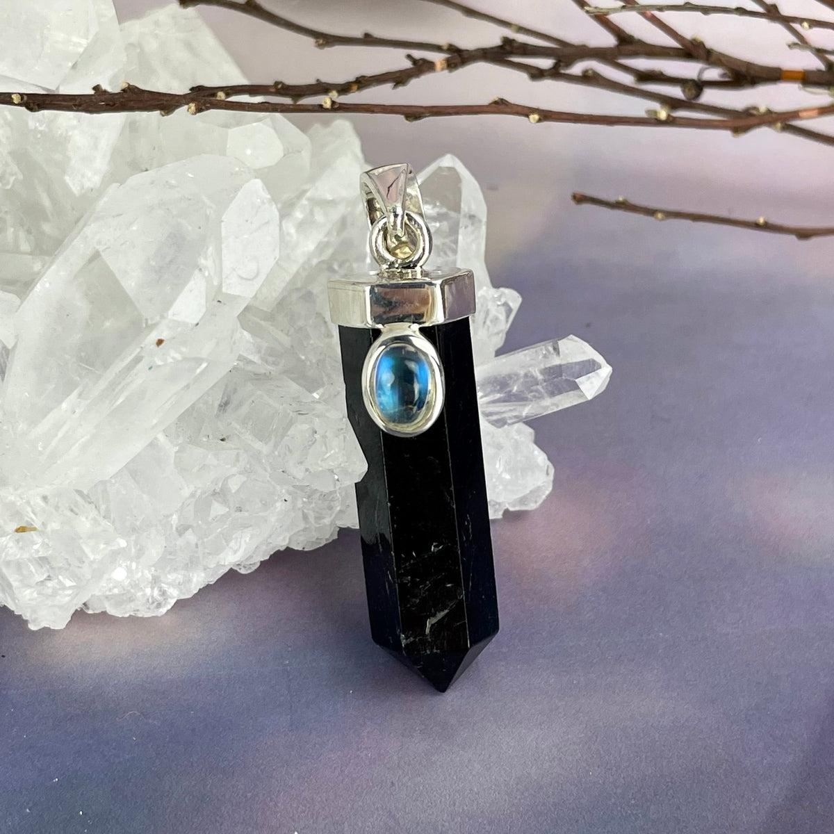 Black Tourmaline Point & Rainbow Moonstone Pendant