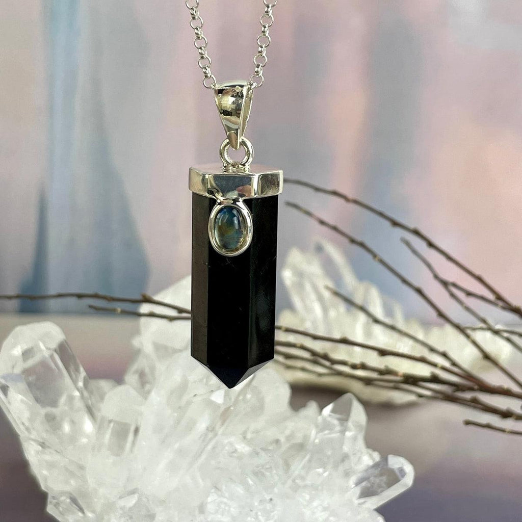 Black Tourmaline Point & Rainbow Moonstone Pendant