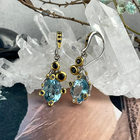 Blue Topaz & Sapphire 24ct Gold & 925 Silver Drop Earrings by Janusz Szkutnik