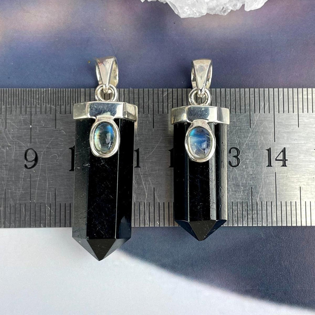 Black Tourmaline Point & Rainbow Moonstone Pendant