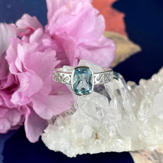 Blue Topaz Emerald Cut Ornate Band Ring