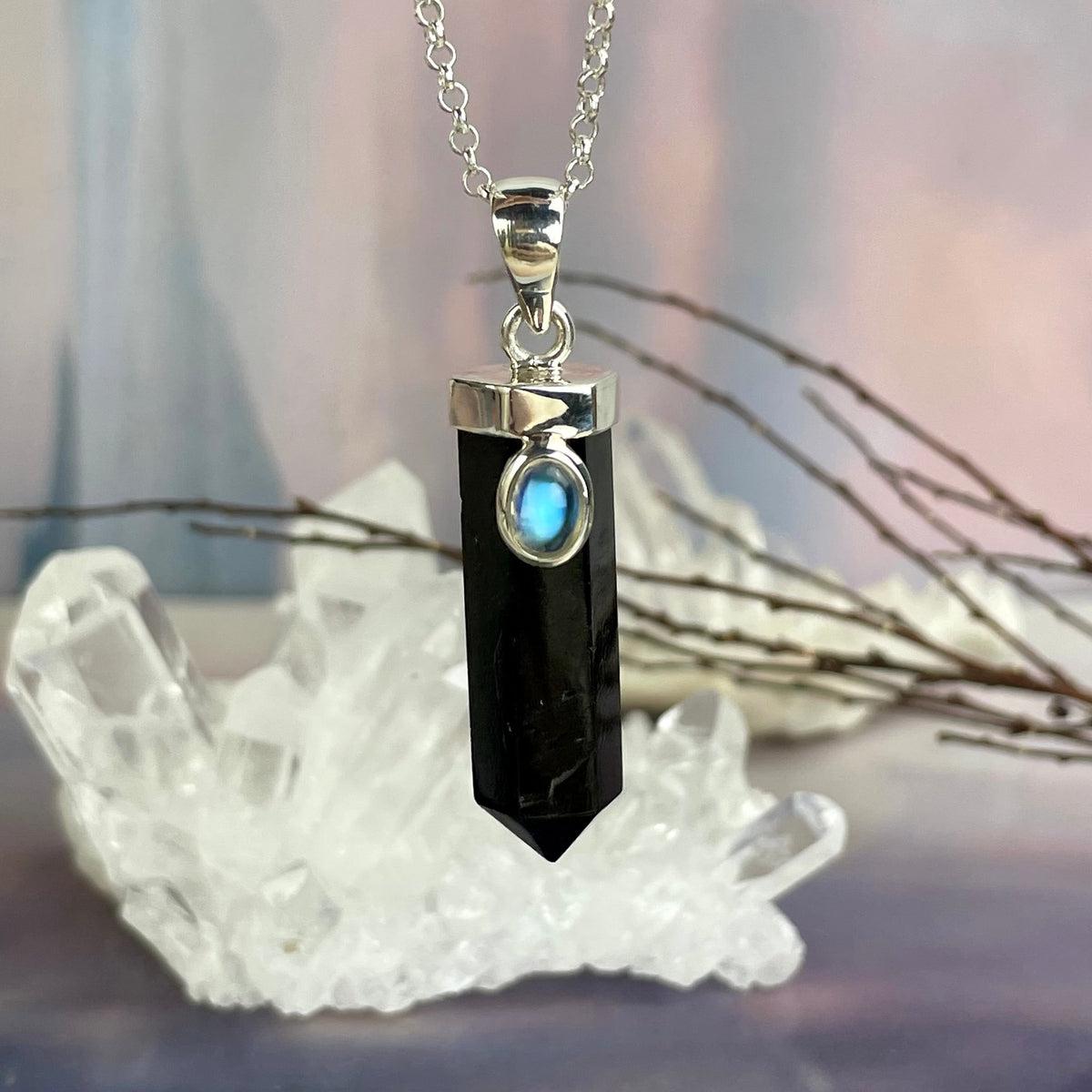 Black Tourmaline Point & Rainbow Moonstone Pendant