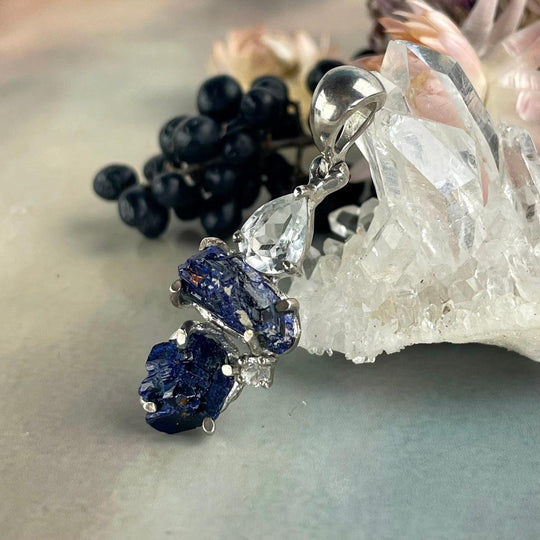 Azurite Raw Druzy & White Topaz Pendant