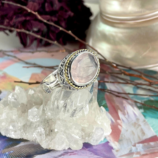 Rose Quartz Oval Cut Ornate Gallery Ring