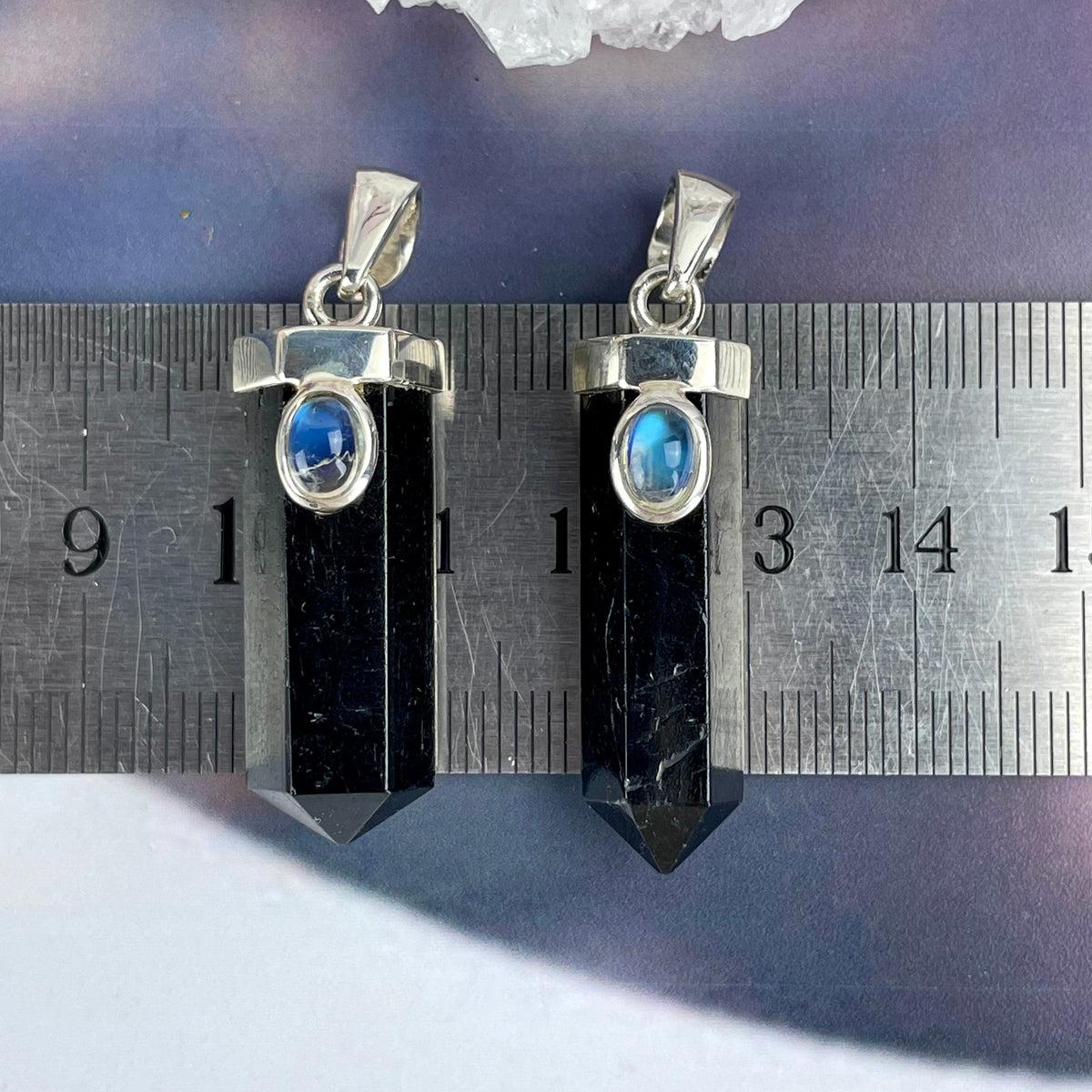 Black Tourmaline Point & Rainbow Moonstone Pendant