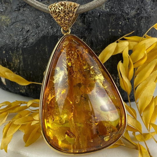 Baltic Amber Teardrop Gold Large Pendant