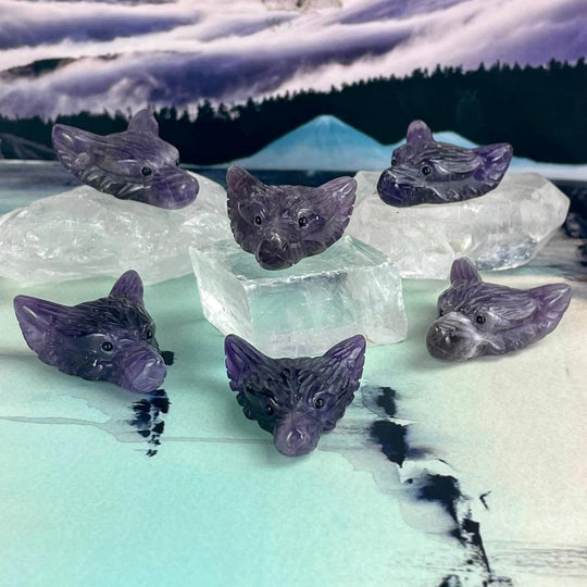 Amethyst Hand Carved Wolf Head