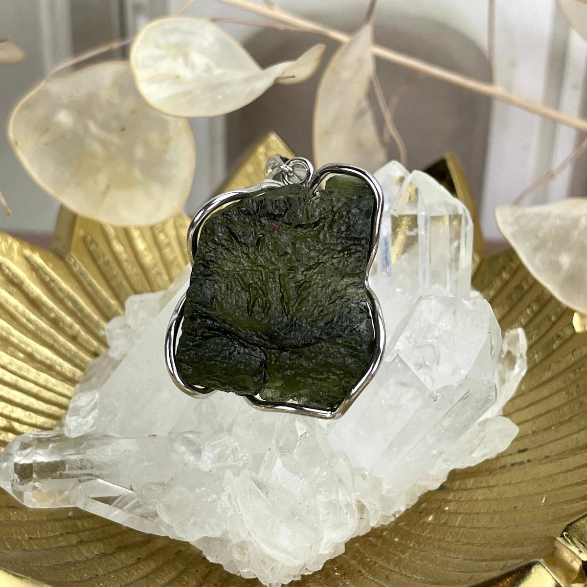 Raw Moldavite In Silver Pendant