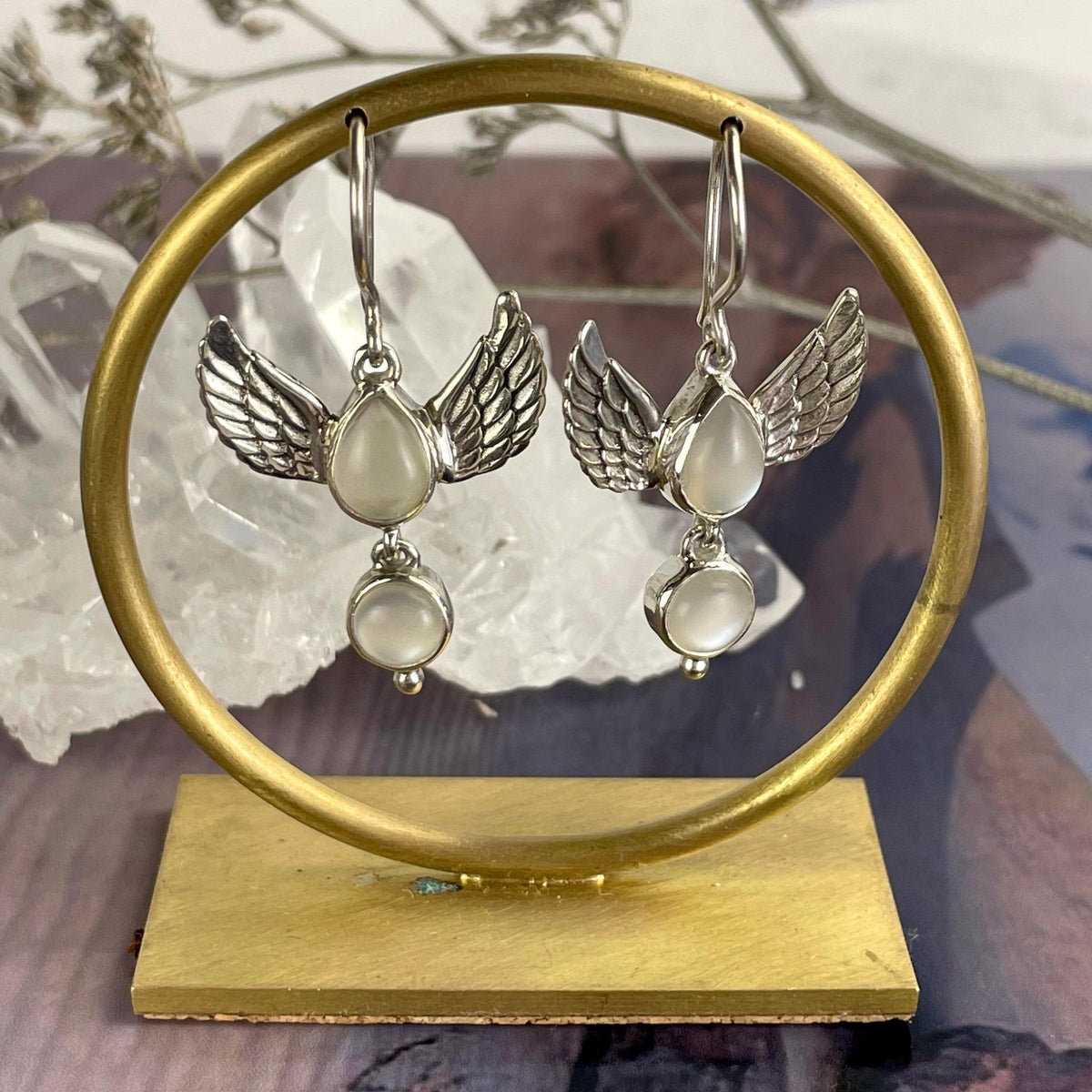 Cat's Eye Moonstone Angel Wing Earrings