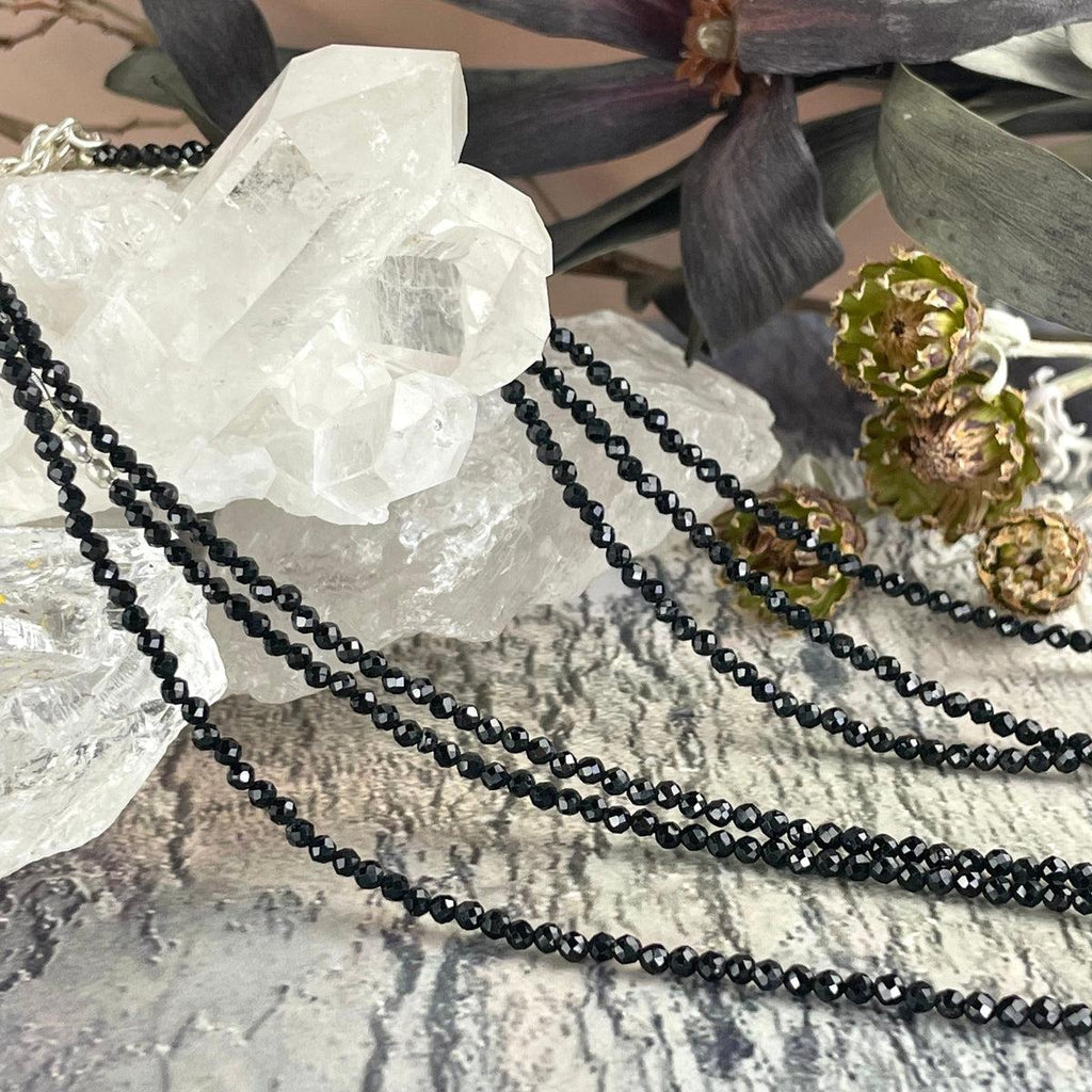 Black Tourmaline Faceted 2mm Bead Necklace