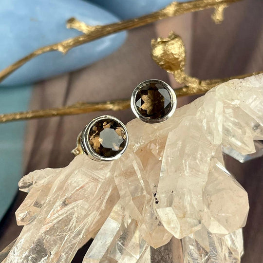 Smokey Quartz Brilliant Cut Stud Earrings