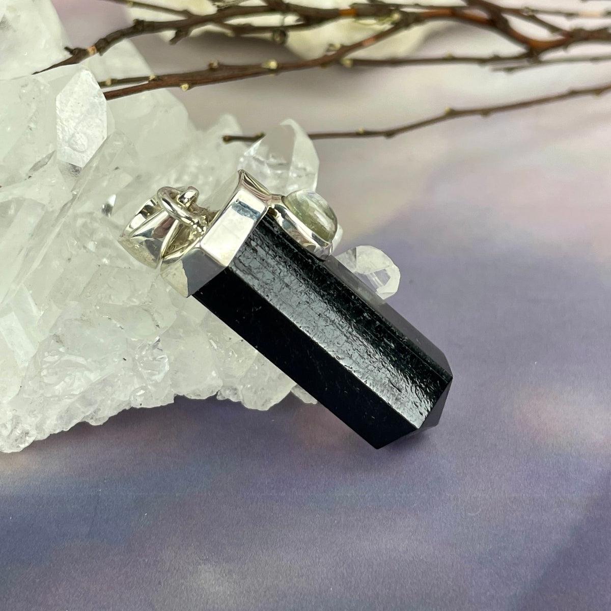 Black Tourmaline Point & Rainbow Moonstone Pendant