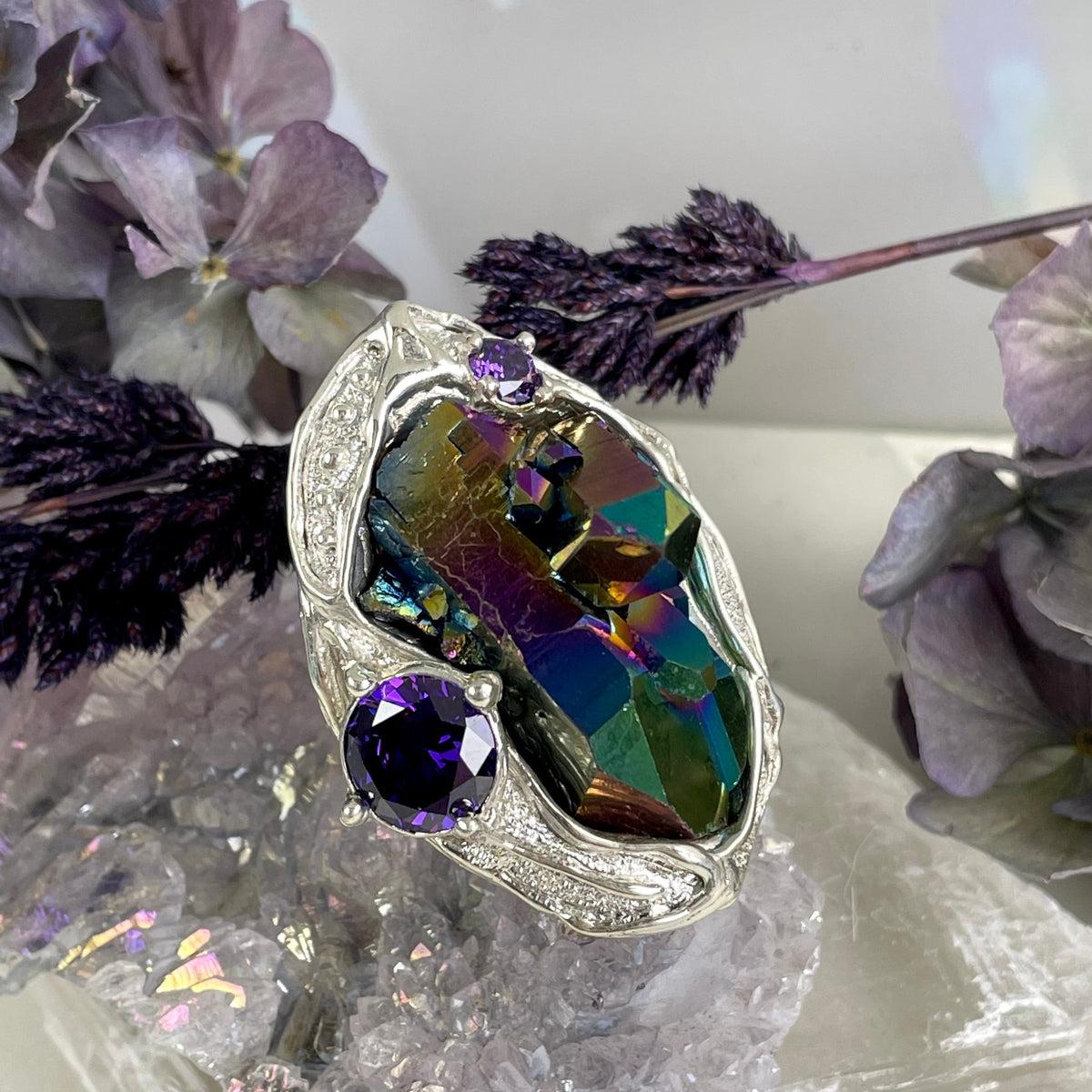 Rainbow Aura Quartz Open Ring