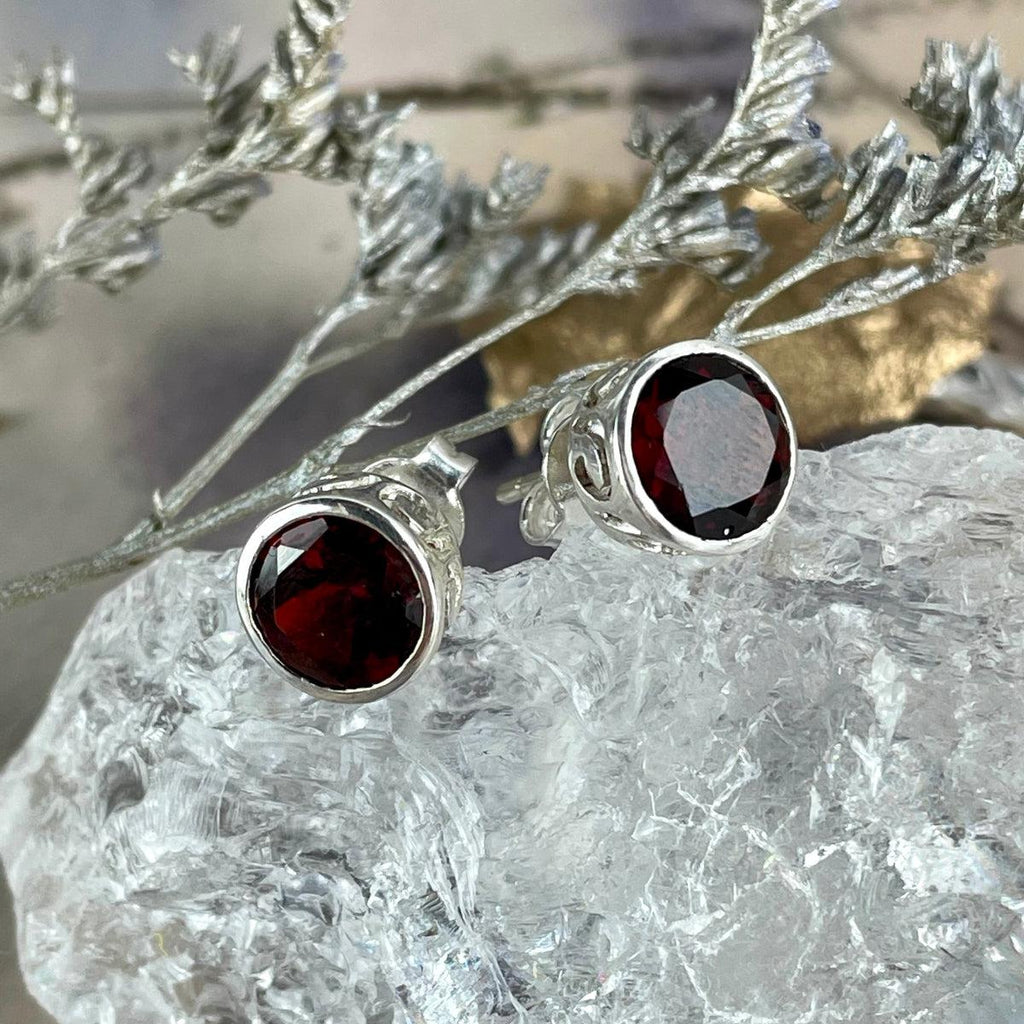 Round Garnet Sterling Silver Studs