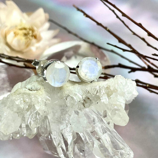 Rainbow Moonstone Brilliant Cut Stud Earrings