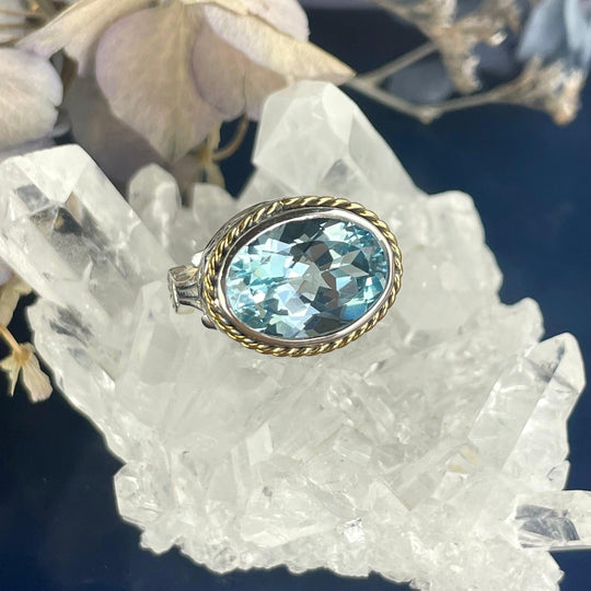 Blue Topaz Oval Cut Ornate Gallery Ring