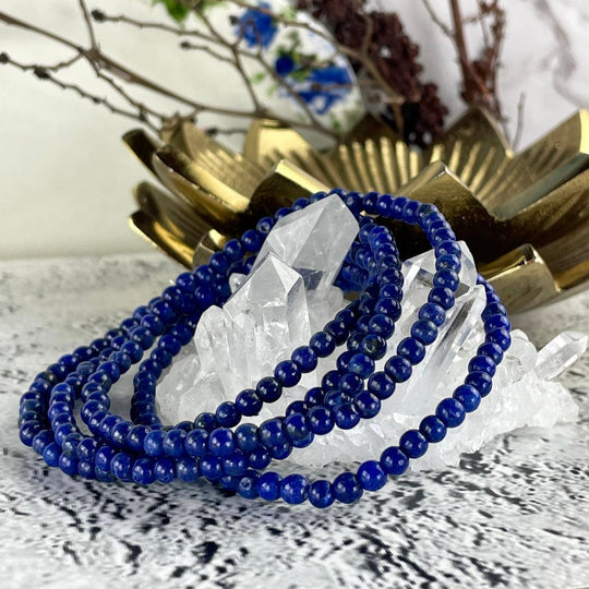 Lapis Lazuli 4mm Round Bead Crystal Bracelet