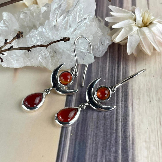 Carnelian Crescent Moon Drop Earrings