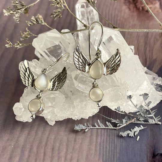 Cat’s Eye Moonstone Winged Double Drop Earrings