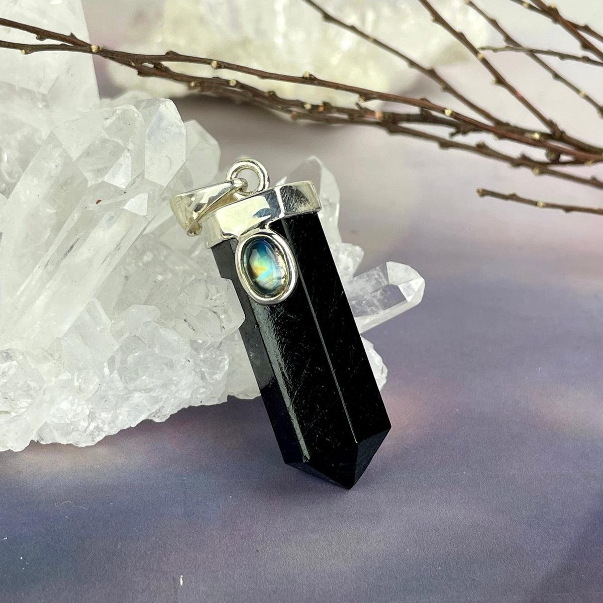 Black Tourmaline Point & Rainbow Moonstone Pendant