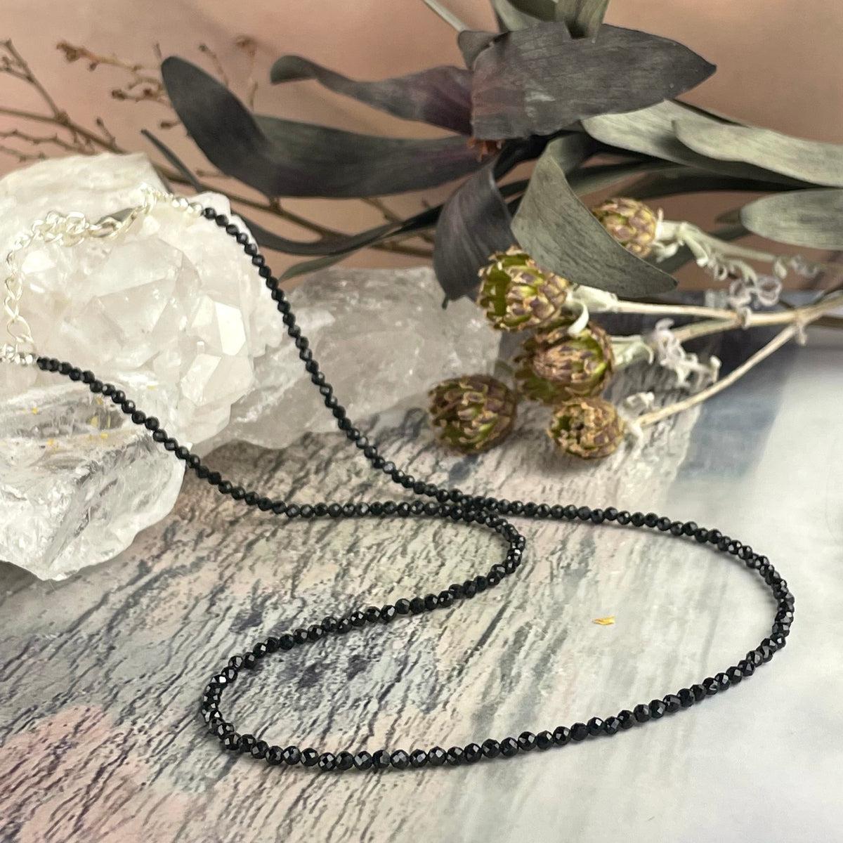 Black Tourmaline Faceted 2mm Bead Necklace