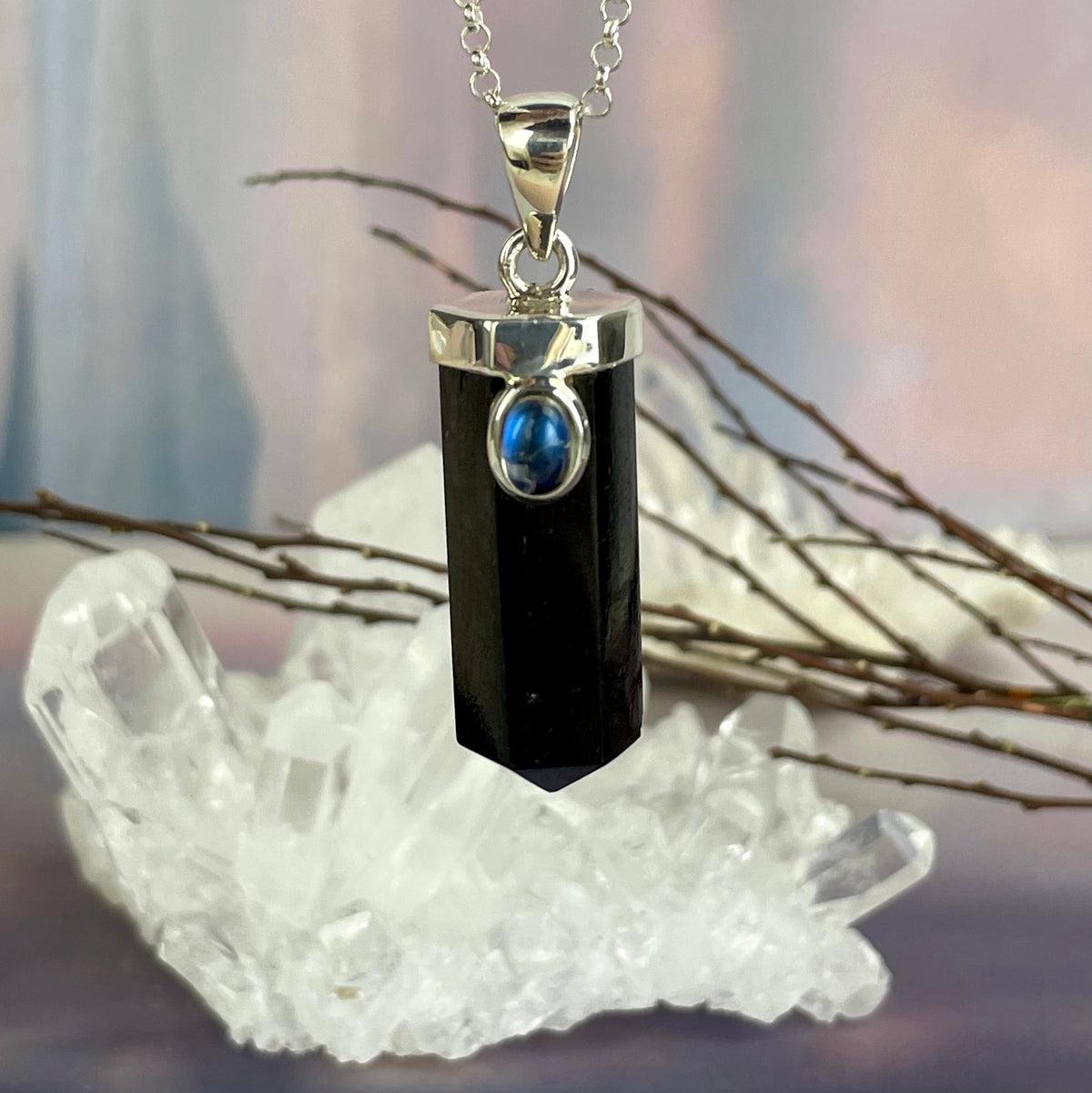 Black Tourmaline Point & Rainbow Moonstone Pendant