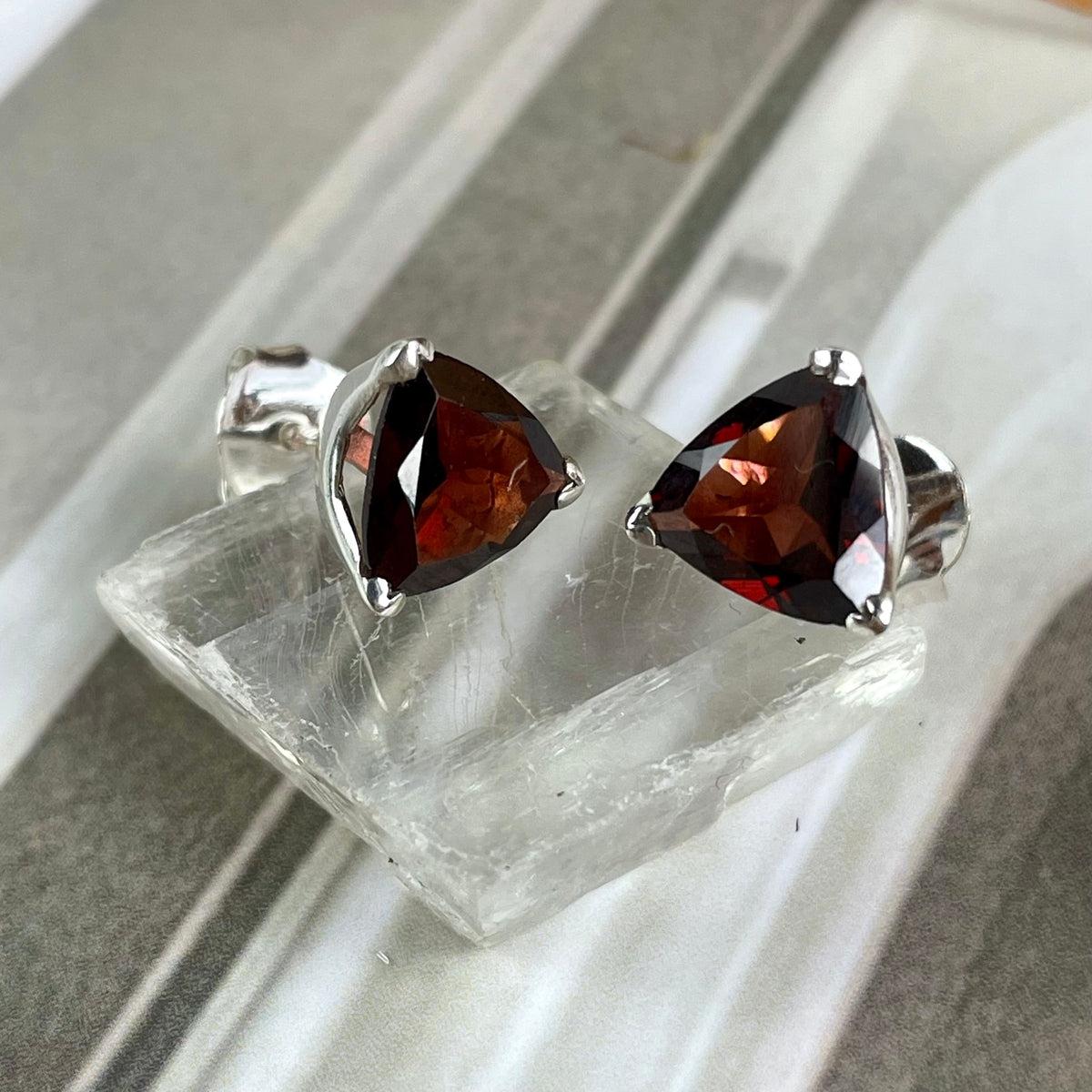 Garnet Trillion Silver Earrings