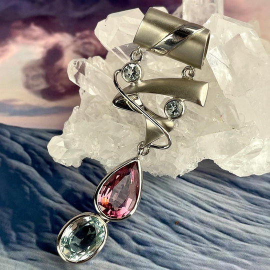 Aquamarine & Pink Tourmaline contemporary Multi Drop Pendant By Janusz Szkutnik