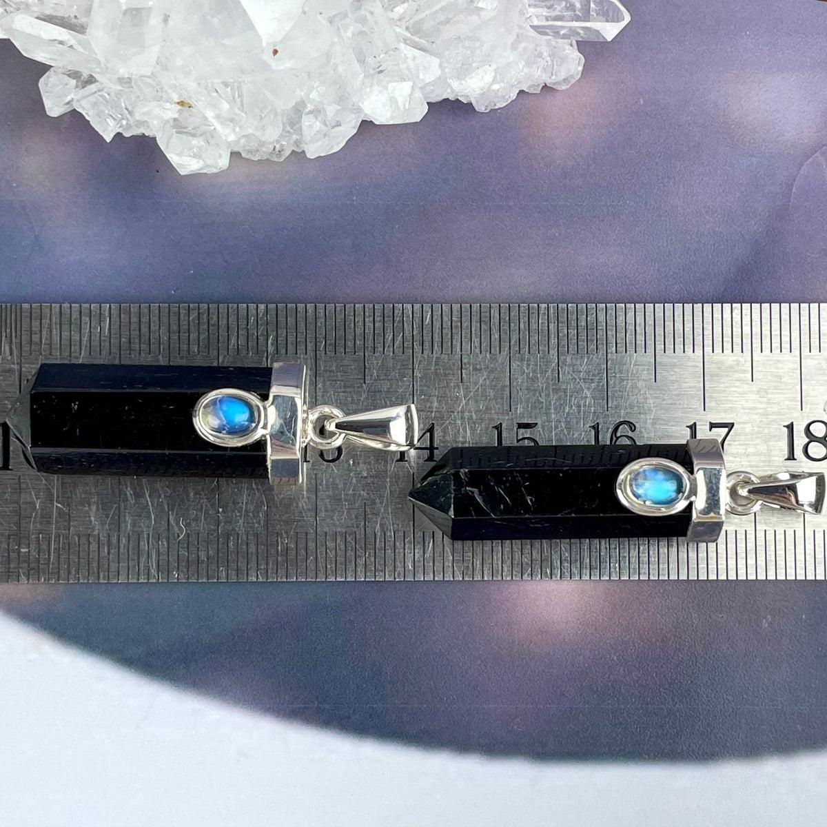 Black Tourmaline Point & Rainbow Moonstone Pendant