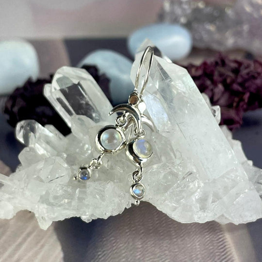 Rainbow Moonstone Crescent Moon Drop Earrings