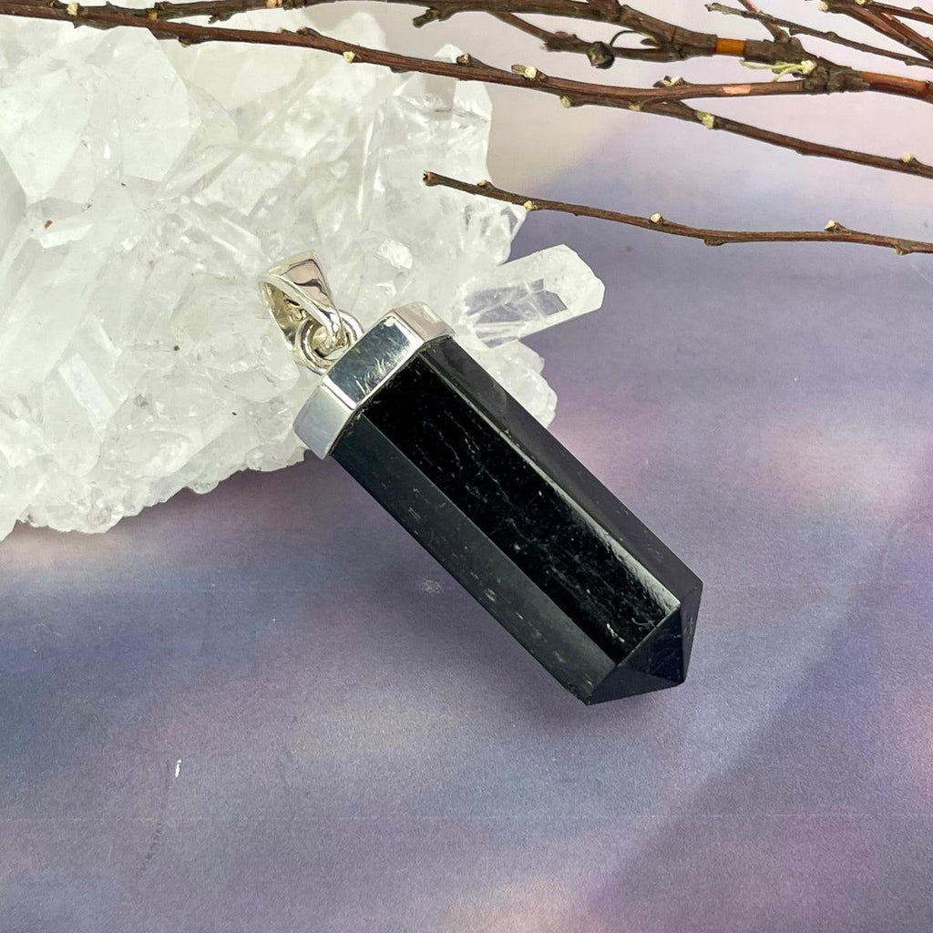 Black Tourmaline Point & Rainbow Moonstone Pendant