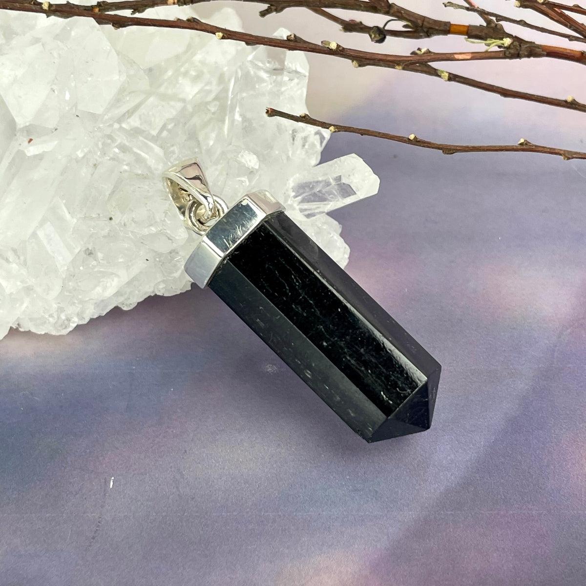 Black Tourmaline Point & Rainbow Moonstone Pendant