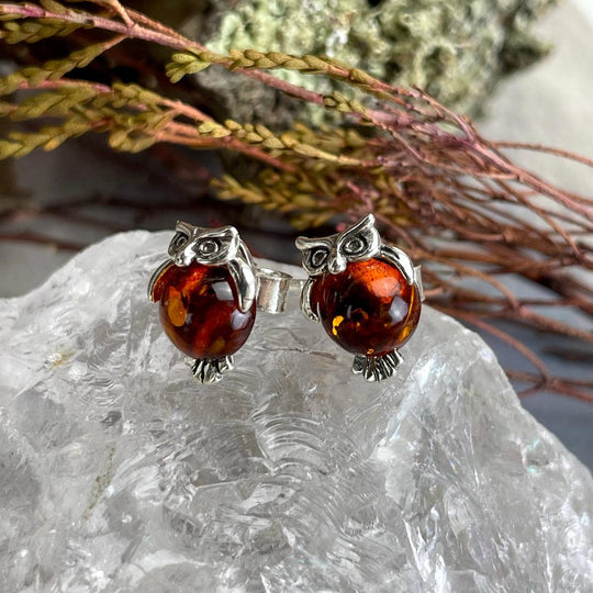 Baltic Amber Round Owl Stud Earrings