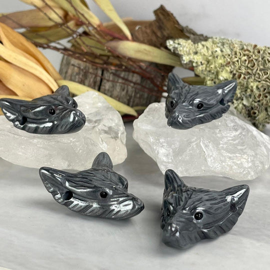 Hematite Hand Carved Wolf Head