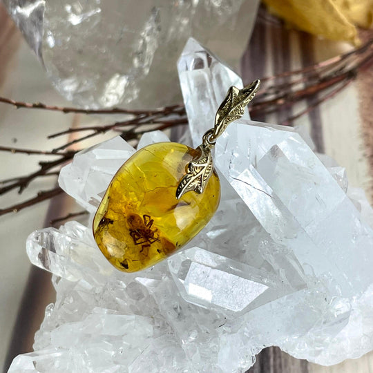 Baltic Amber Nugget with Insects & Spider Inclusions Gold Pendant